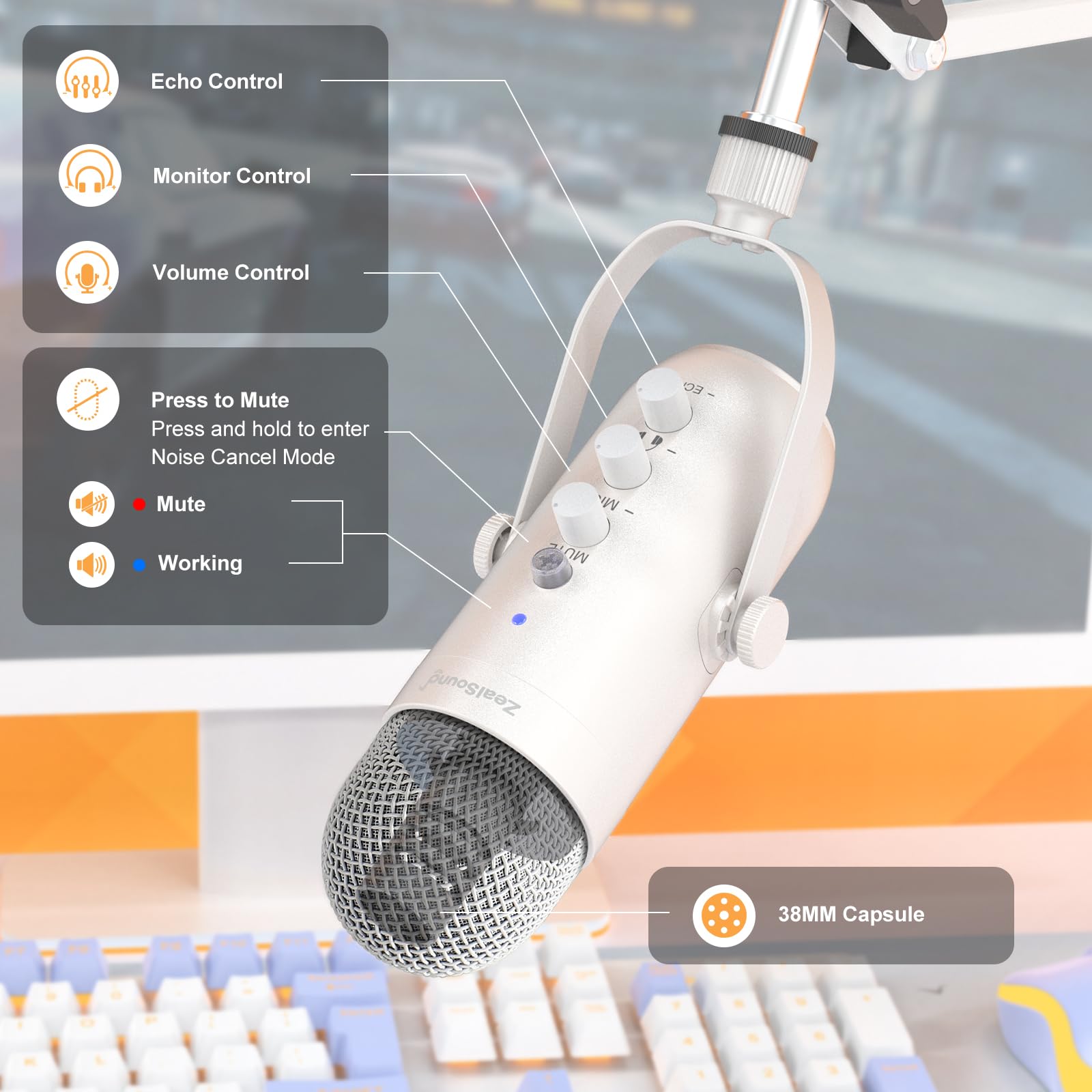 ZealSound Gaming Microphone Kit,Podcast Condenser USB Mic with Boom Arm,Supercardioid Microphone with Mute Button,Echo Volume Ga